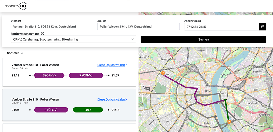 Preview of the mobility planner with a view loaded offers